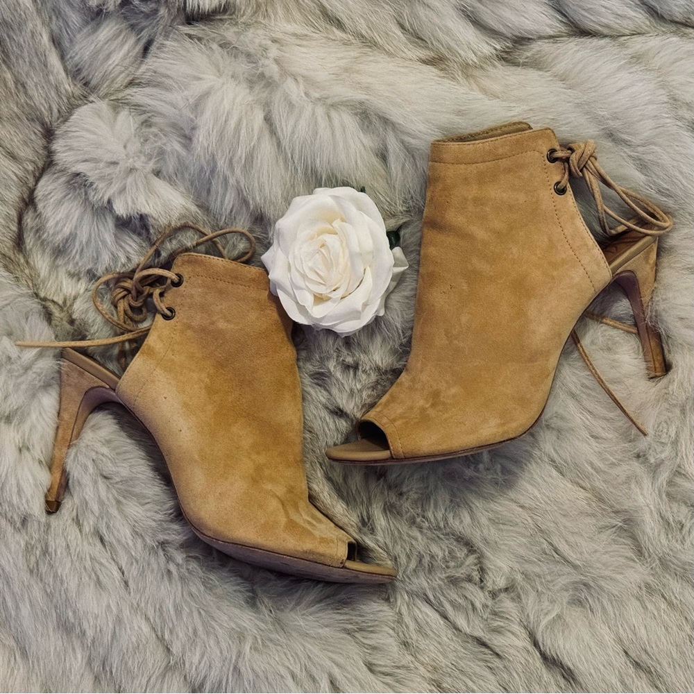 JOIE Women's Ankle Lace Up Tan Suede Peep Toe Mule Size 40 /9.5 US EUC WORN ONCE